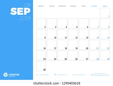 Calendar planner for September 2019. Week starts on Monday. Printable vector stationery design template