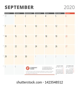 Calendar planner for September 2020. Stationery design template. Week starts on Monday. 3 months on the page. Vector illustration