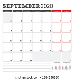 Calendar planner for September 2020. Week starts on Monday. Printable vector stationery design template