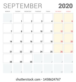 Calendar planner for September 2020. Week starts on Monday. Printable vector stationery design template