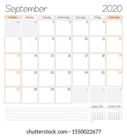 Calendar planner for September 2020. Week starts on Sunday. Vector illustration