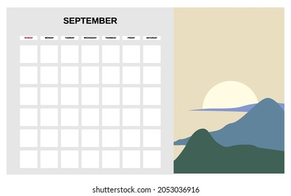 Calendar Planner September autumn month. Minimal abstract contemporary landscape natural background. Monthly template for diary business. Vector isolated