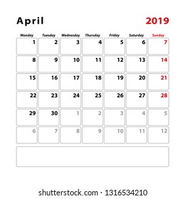 Calendar planner sheet for the month of april 2019, Week starts on Sunday. Vector illustration.