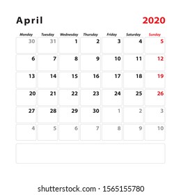 Calendar planner sheet for the month of april 2020. Week starts on monday. Vector illustration.