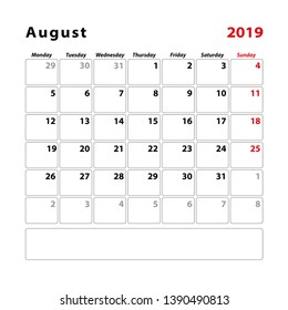 Calendar planner sheet for the month of august 2019, Week starts on Sunday. Vector illustration.