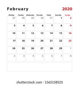 Calendar planner sheet for the month of february 2020, leap year. Week starts on monday. Vector illustration.