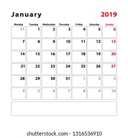 Calendar planner sheet for the month of January 2019, Week starts on Sunday. Vector illustration.