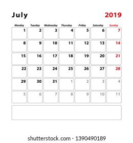 Calendar planner sheet for the month of july 2019, Week starts on Sunday. Vector illustration.