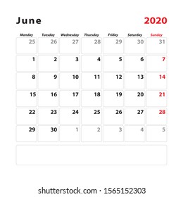 Calendar planner sheet for the month of june 2020. Week starts on monday. Vector illustration.