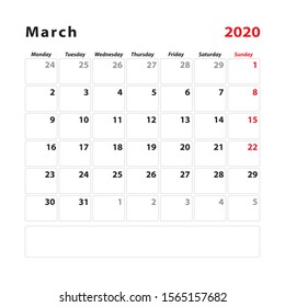 Calendar planner sheet for the month of march 2020. Week starts on monday. Vector illustration.