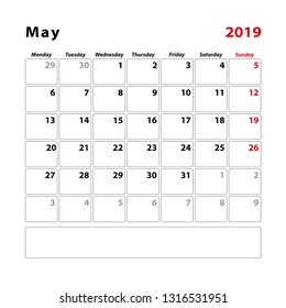 Calendar planner sheet for the month of may 2019, Week starts on Sunday. Vector illustration.