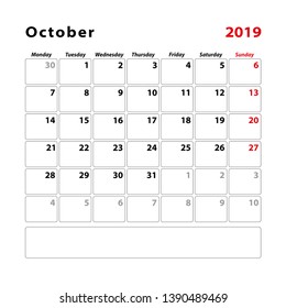 Calendar planner sheet for the month of october 2019, Week starts on Sunday. Vector illustration.