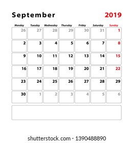 Calendar planner sheet for the month of september 2019, Week starts on Sunday. Vector illustration.