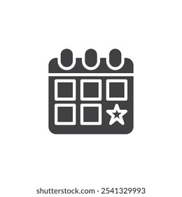 Calendar planner with star task vector icon. filled flat sign for mobile concept and web design. Calendar Reminder glyph icon. Symbol, logo illustration. Vector graphics