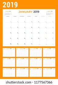 Calendar planner stationery design template for 2019 year. Vector illustration