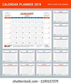 Calendar planner stationery design template for 2019 year. Vector illustration. Week starts on Sunday