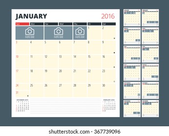 Calendar Planner Template for 2016 Year. Vector Design Print Template. Week Starts Sunday. Calendar Grid with Moon Phases and Place for Photos and Notes. Set of 12 Months