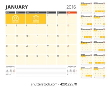 Calendar Planner Template for 2016 Year. Vector Design Print Template. Week Starts Monday. Calendar Grid with Place for Photos and Notes. Set of 12 Months