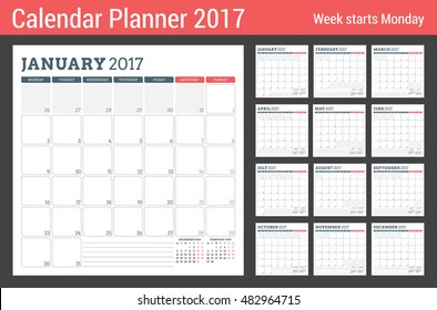 Calendar Planner Template for 2017 Year. Week Starts Monday. 3 Months on Page. Set of 12 Months. Place for Notes. Stationery Design. Vector Calendar Template