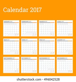 Calendar Planner Template for 2017 Year. Week Starts Monday. Set of 12 Months. Stationery Design. Vector Calendar Template