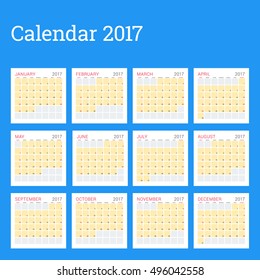 Calendar Planner Template for 2017 Year. Week Starts Sunday. Set of 12 Months. Stationery Design. Vector Calendar Template