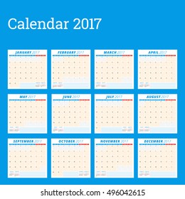 Calendar Planner Template for 2017 Year. Week Starts Monday. Set of 12 Months. Stationery Design. Vector Calendar Template