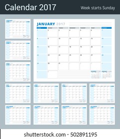 Calendar Planner Template for 2017 Year. Set of 12 Months. Stationery Design. Week starts Sunday. 3 Months on Page. Vector Illustration