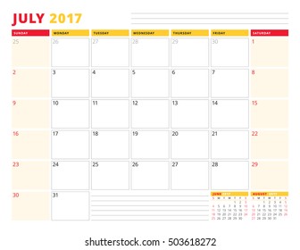 Calendar Planner Template for 2017 Year. July. Stationery Design. Week starts Sunday. 3 Months on Page. Vector Illustration