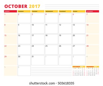 Calendar Planner Template for 2017 Year. October. Stationery Design. Week starts Sunday. 3 Months on Page. Vector Illustration