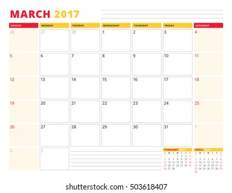 Calendar Planner Template for 2017 Year. March. Stationery Design. Week starts Sunday. 3 Months on Page. Vector Illustration