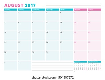 Calendar Planner Template for 2017 Year. August. Business Planner Template. Stationery Design. Week starts Monday. Vector Illustration