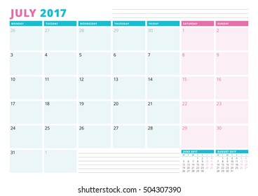 Calendar Planner Template for 2017 Year. July. Business Planner Template. Stationery Design. Week starts Monday. Vector Illustration
