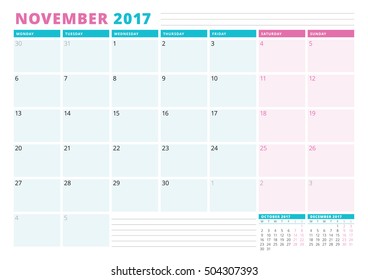 Calendar Planner Template for 2017 Year. November. Business Planner Template. Stationery Design. Week starts Monday. Vector Illustration