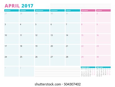 Calendar Planner Template for 2017 Year. April. Business Planner Template. Stationery Design. Week starts Monday. Vector Illustration
