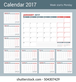 Calendar Planner Template for 2017 Year. Set of 12 Months. Business Planner Template. Stationery Design. Week starts Monday. Vector Illustration