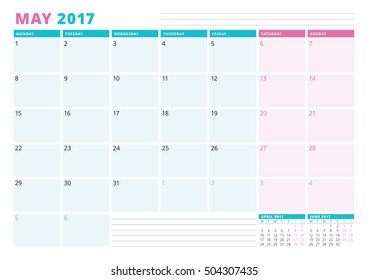Calendar Planner Template for 2017 Year. May. Business Planner Template. Stationery Design. Week starts Monday. Vector Illustration