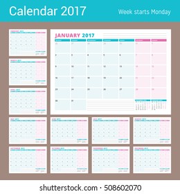Calendar Planner Template for 2017 Year. Set of 12 Months. Business Planner Template. Stationery Design. Week starts Monday. Vector Illustration