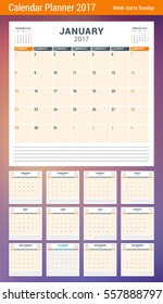 Calendar Planner Template for 2017 Year. Week Starts Sunday. 3 Months on Page. Set of 12 Months. Place for Notes. Stationery Design. Vector Calendar Template