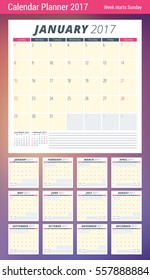 Calendar Planner Template for 2017 Year. Week Starts Sunday. 3 Months on Page. Set of 12 Months. Place for Notes. Stationery Design. Vector Calendar Template