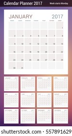 Calendar Planner Template for 2017 Year. Week Starts Monday. 3 Months on Page. Set of 12 Months. Place for Notes. Stationery Design. Vector Calendar Template