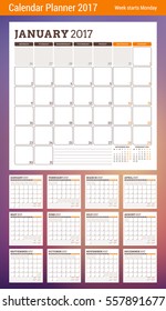 Calendar Planner Template for 2017 Year. Week Starts Monday. 3 Months on Page. Set of 12 Months. Place for Notes. Stationery Design. Vector Calendar Template