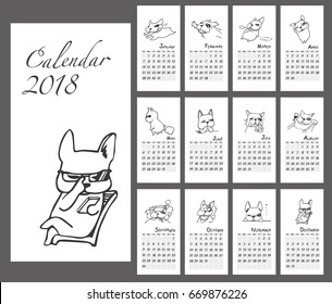Calendar Planner Template. 2018. Dog (French Bulldog) character illustration vector design.