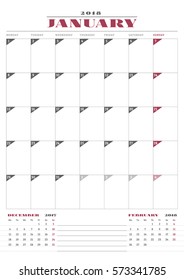 Calendar Planner Template for 2018 Year. January. Business Stationery Design. Week starts Monday. 3 Months on the Page. Vector Illustration
