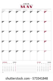 Calendar Planner Template for 2018 Year. May. Business Stationery Design. Week starts Monday. 3 Months on the Page. Vector Illustration