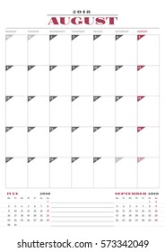 Calendar Planner Template for 2018 Year. August. Business Stationery Design. Week starts Monday. 3 Months on the Page. Vector Illustration