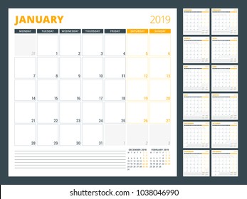 Calendar planner template for 2019 year. Week starts on Monday. Vector illustration