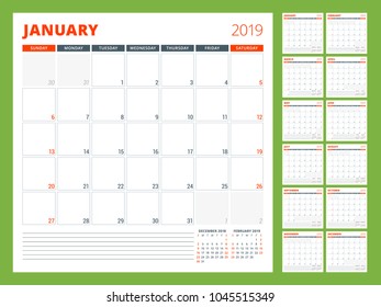 Calendar planner template for 2019 year. Week starts on Sunday. Vector illustration