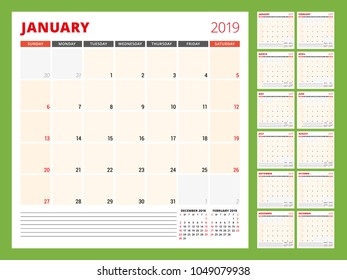 Calendar planner template for 2019 year. Week starts on Sunday. Vector illustration