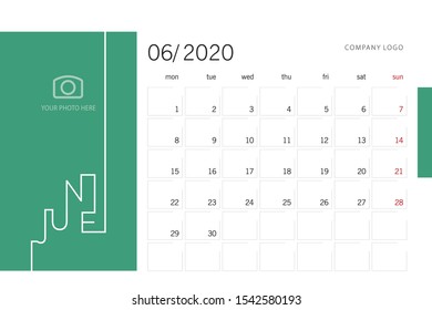 Calendar planner template for 2020 year June with modern line design typography font sea green background. Corporate business color calendar for 2020