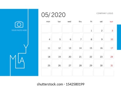 Calendar planner template for 2020 year May with modern line design typography font blue background. Corporate business color calendar for 2020